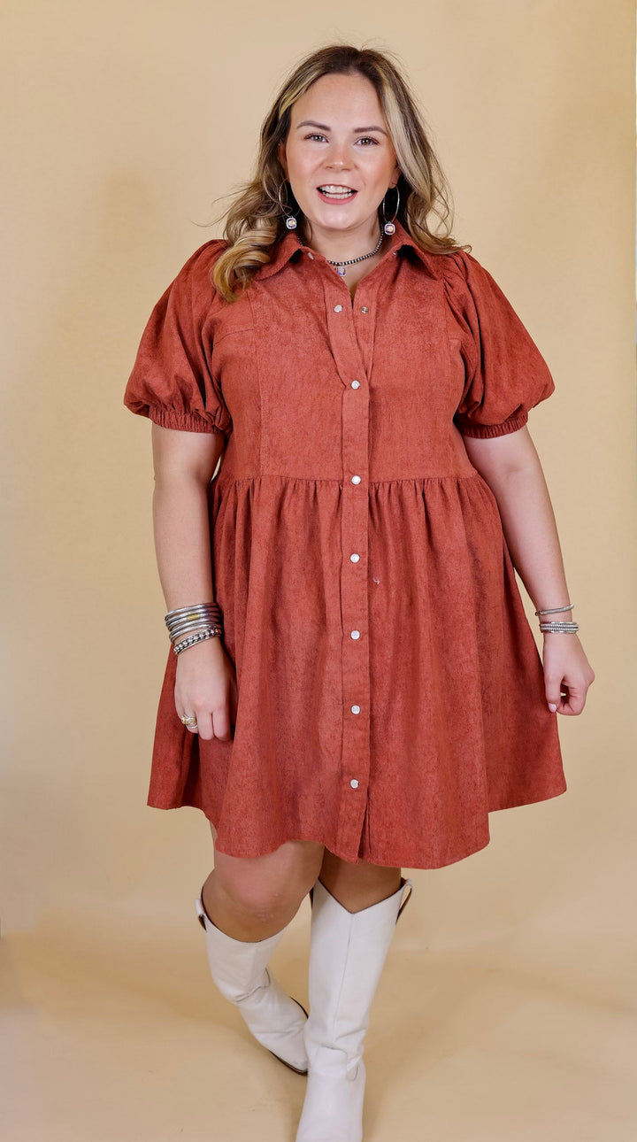 Adventures Ahead Button Up Corduroy Babydoll Dress in Terracotta - Giddy Up Glamour Boutique