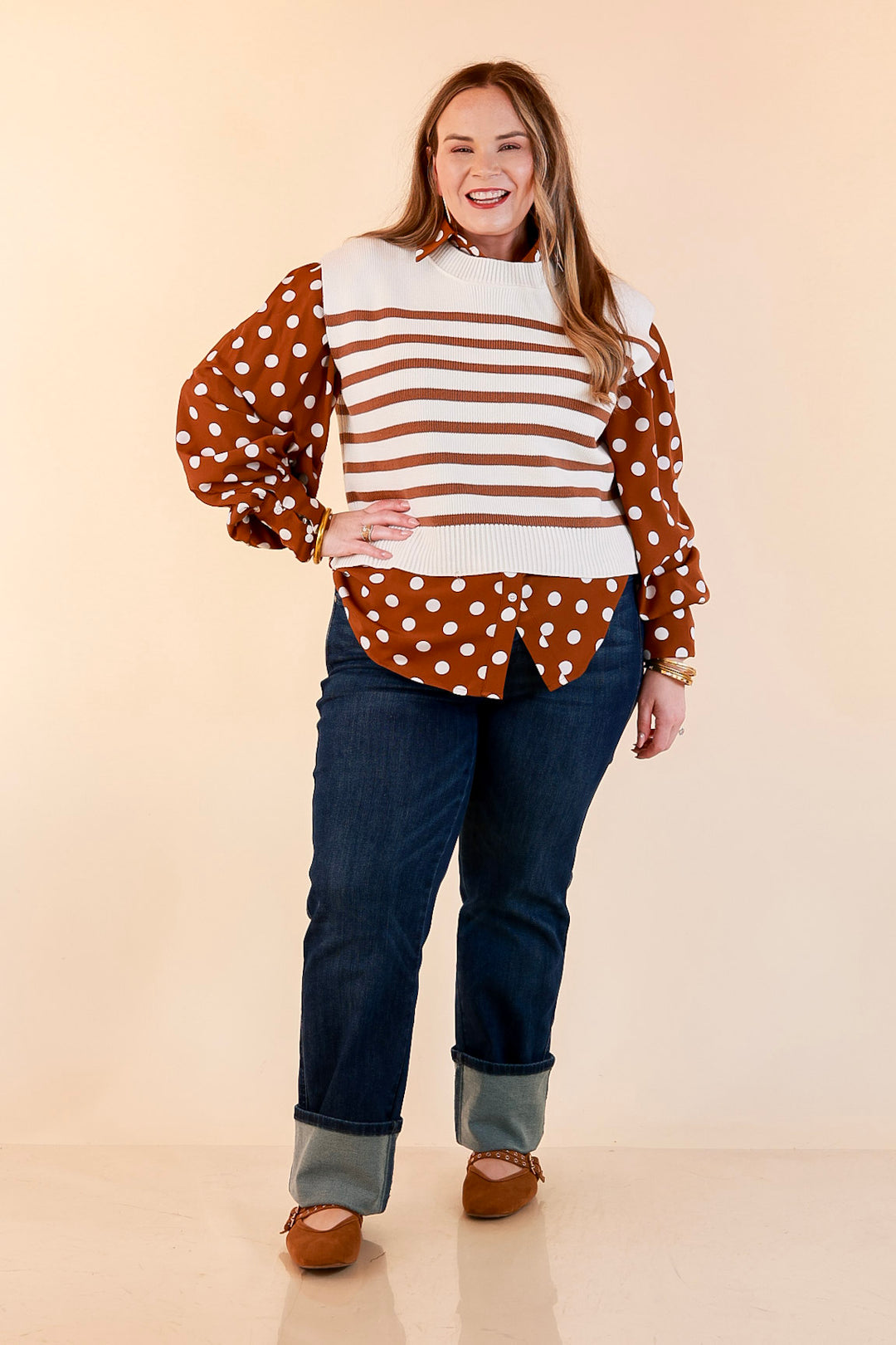 Stripe Things Up Drop Shoulder Knit Sweater in White with Tan Stripes