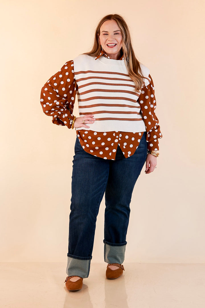 Stripe Things Up Drop Shoulder Knit Sweater in White with Tan Stripes