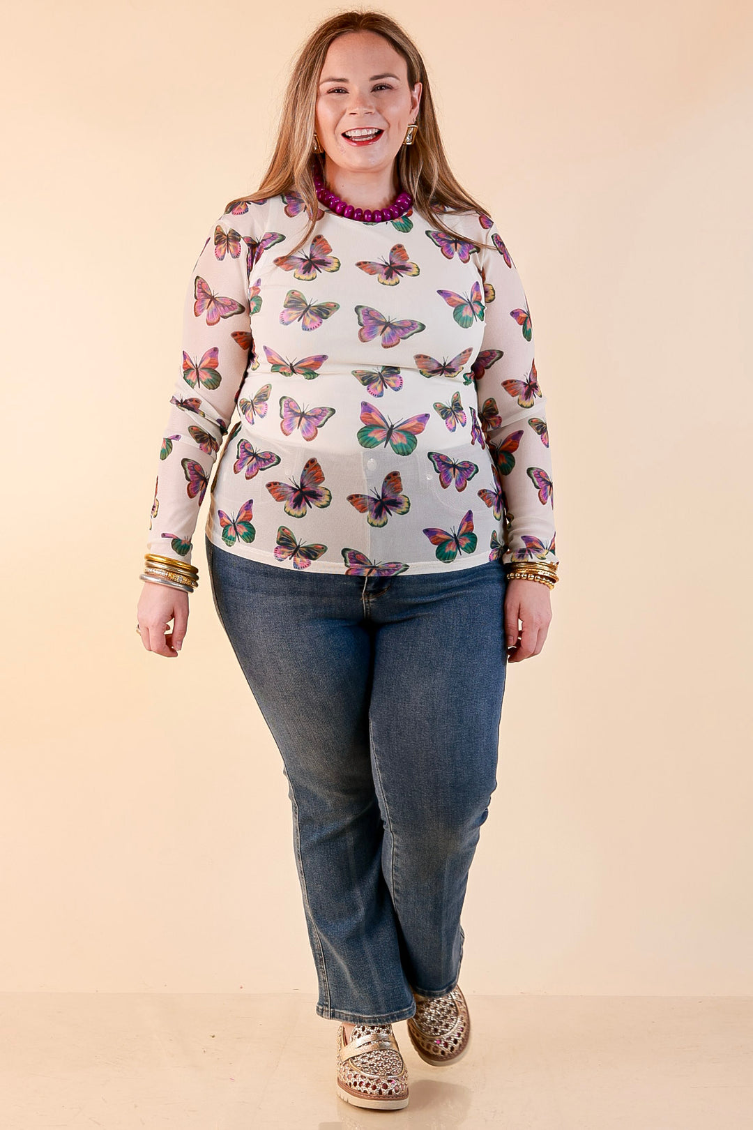 The Perfect Layer Butterfly Print Sheer Mesh Long Sleeve Top in Cream and Gemstone Colors