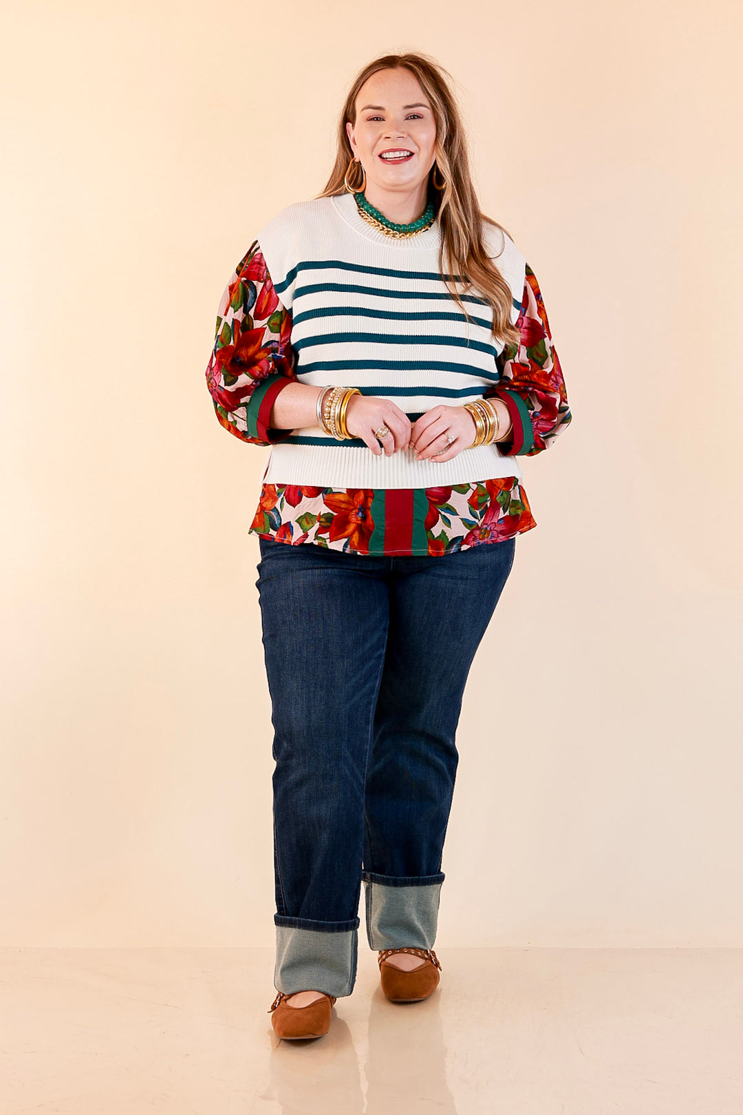 Stripe Things Up Drop Shoulder Knit Sweater in White with Teal Blue Stripes