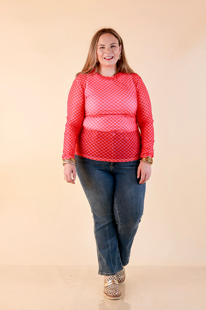 The Perfect Layer Checkered Print Sheer Mesh Long Sleeve Top in Red and Pink