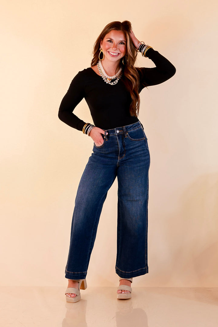Judy Blue | Wide Open Style Ankle Length Cropped Wide Leg Tummy Control Trouser Denim Jeans in Dark Wash