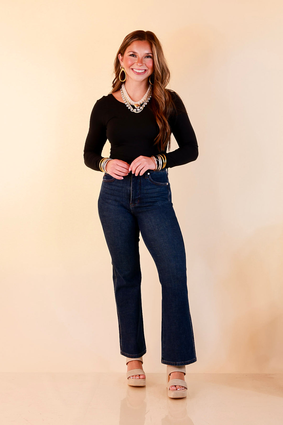 Judy Blue | Kick it Classic Tummy Control Cropped Kick Flare Jean in Dark Rustic Indigo Wash