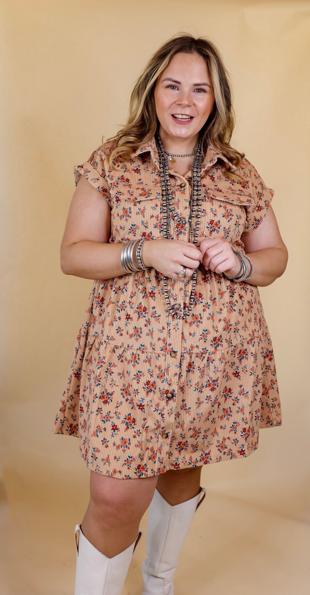 Latest Obsession Button Up Floral Corduroy Dress in Tan - Giddy Up Glamour Boutique