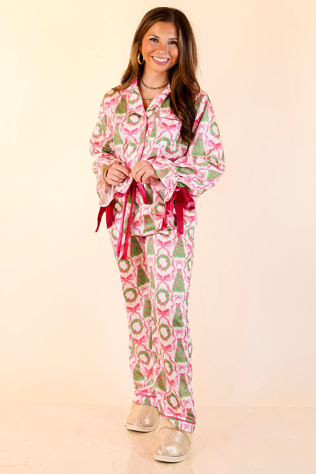 Simply Southern | Sweet Slumber Matching PJ Satin Set with Bow Detailing and Christmas Trees in Ivory