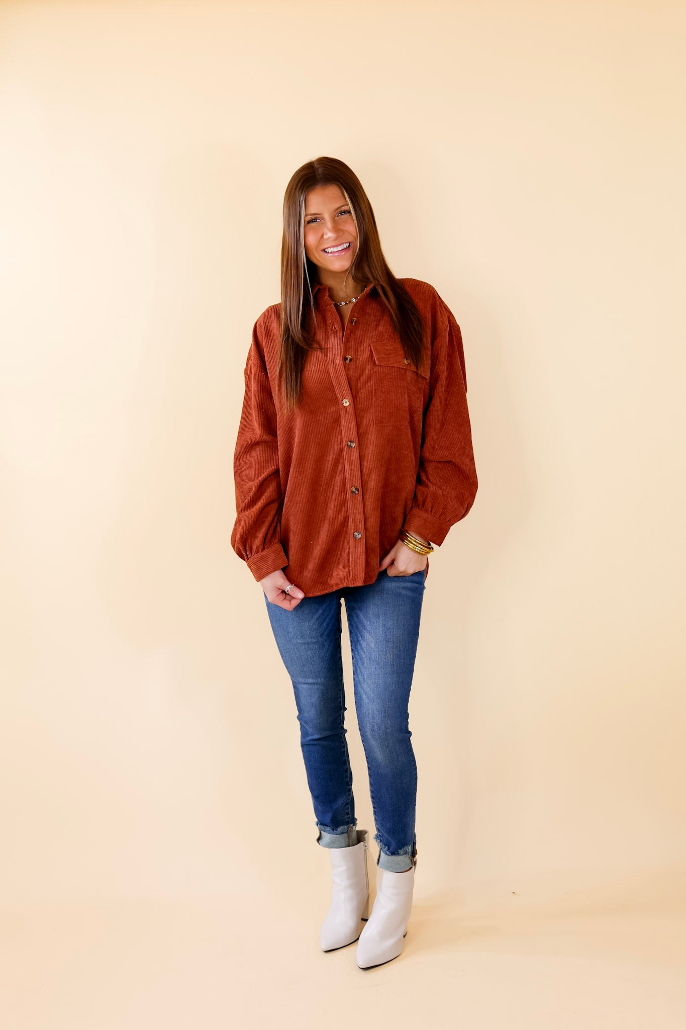 All Dolled Up Button Up Corduroy Shacket in Rust Brown - Giddy Up Glamour Boutique