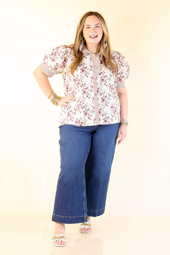 Timeless Beauty Button Up Puff Sleeve Top with Maroon Floral French Toile Print in Cream