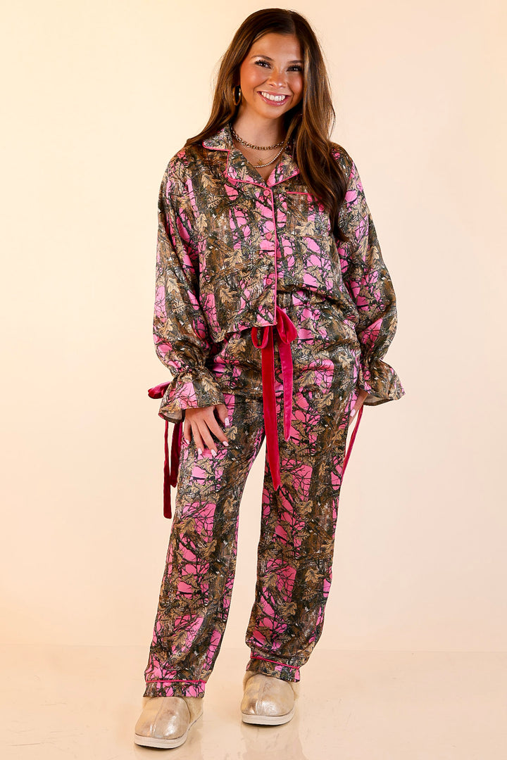 Simply Southern | Sweet Slumber Matching PJ Satin Set with Bow Detailing in Pink Camoflauge