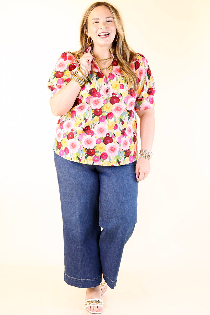 Brighter Blooms Ahead Floral Print Top with Ruffle Collar and Puff Sleeves in Multi