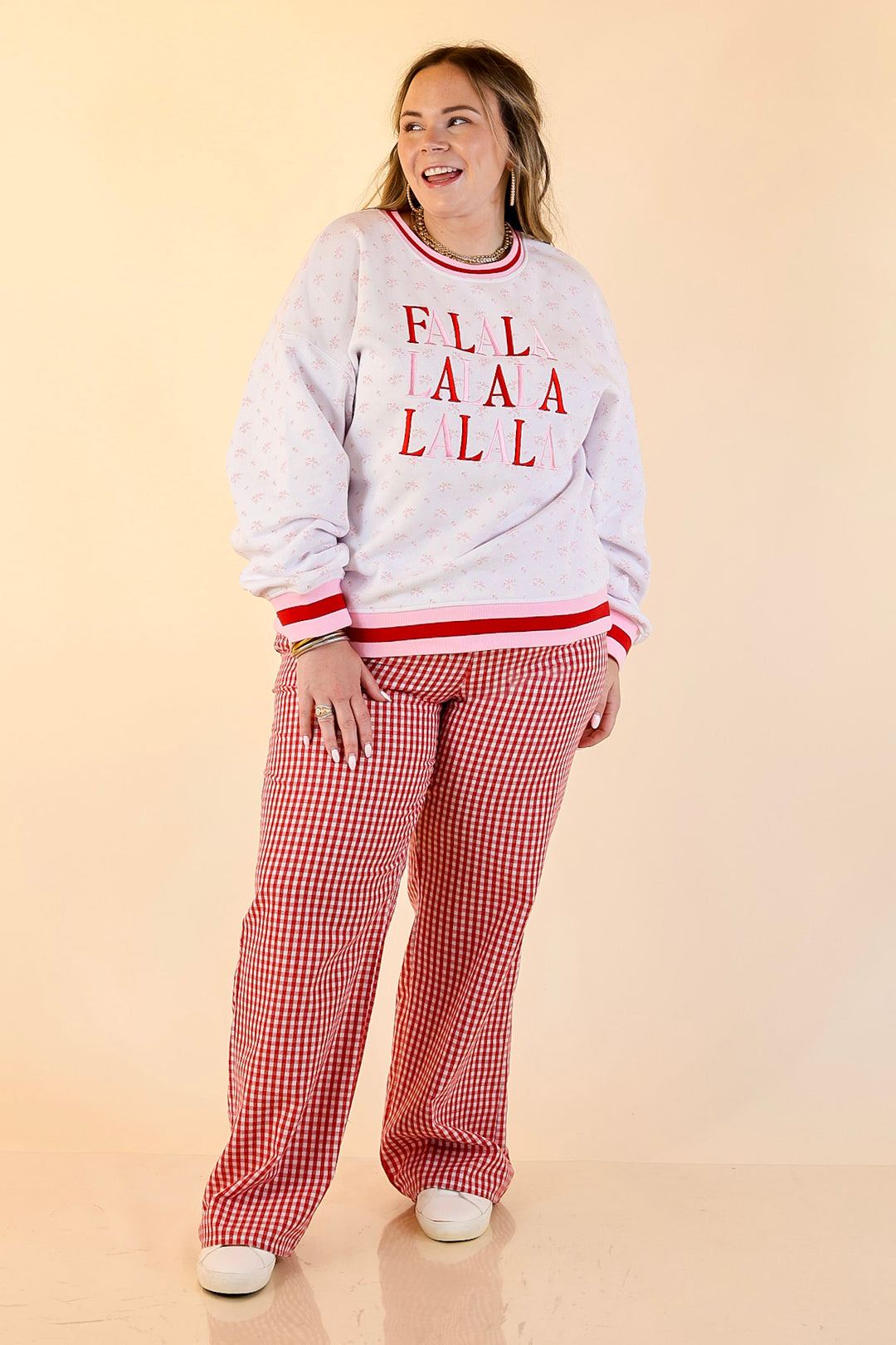 Simply Southern | Holiday Cheer Club Fa La La Floral Varsity Sweatshirt in Ivory
