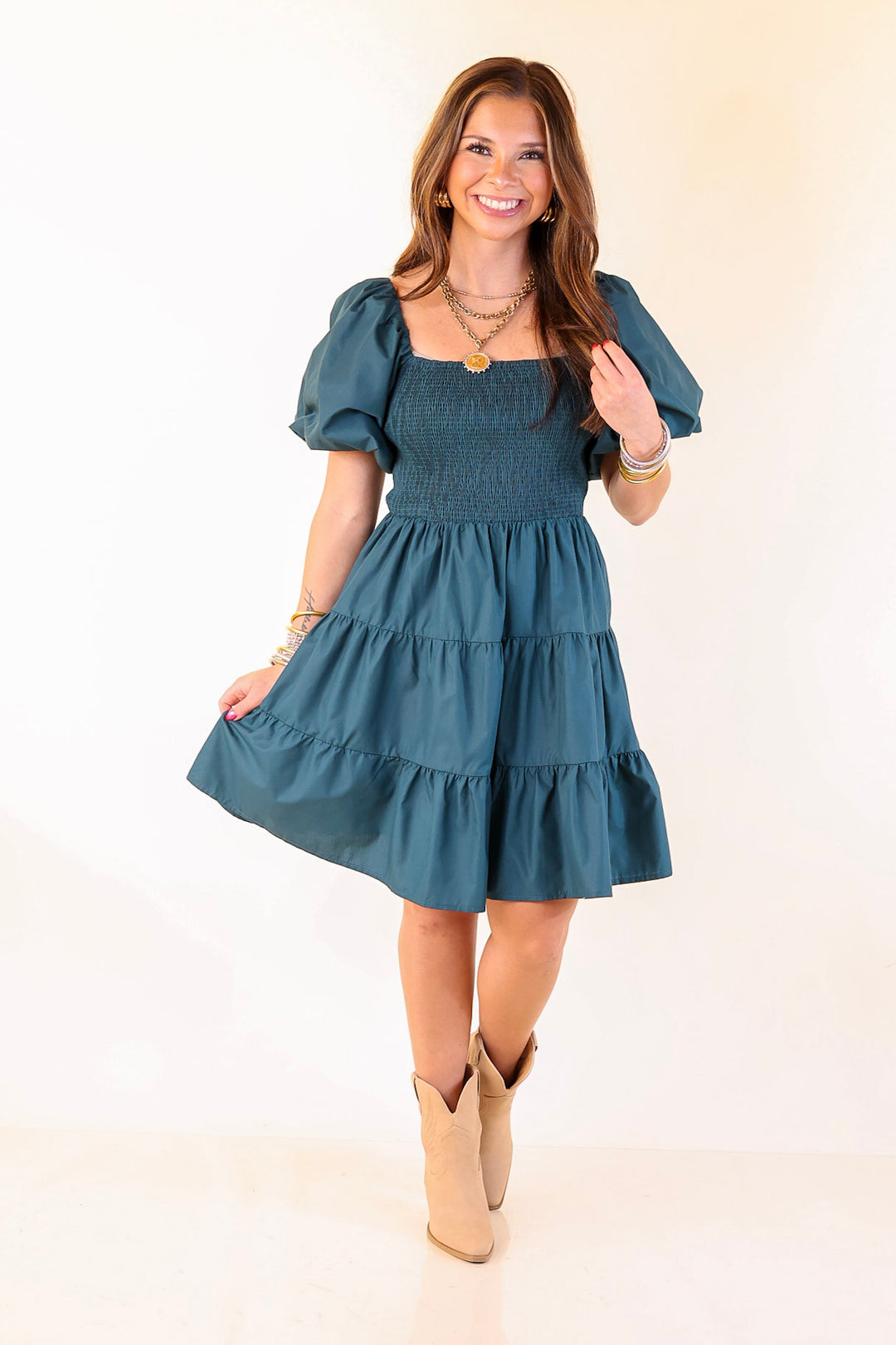 Trust Me Balloon Sleeve Dress in Teal Blue