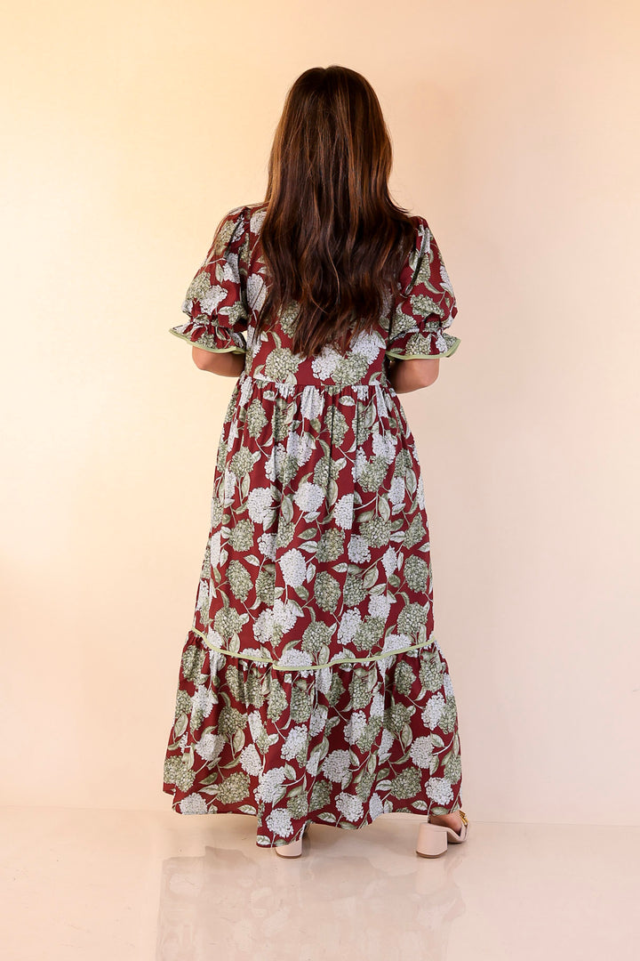 Petals & Poetry Hydrangea Floral Puff Sleeve Tiered Maxi Dress in Maroon