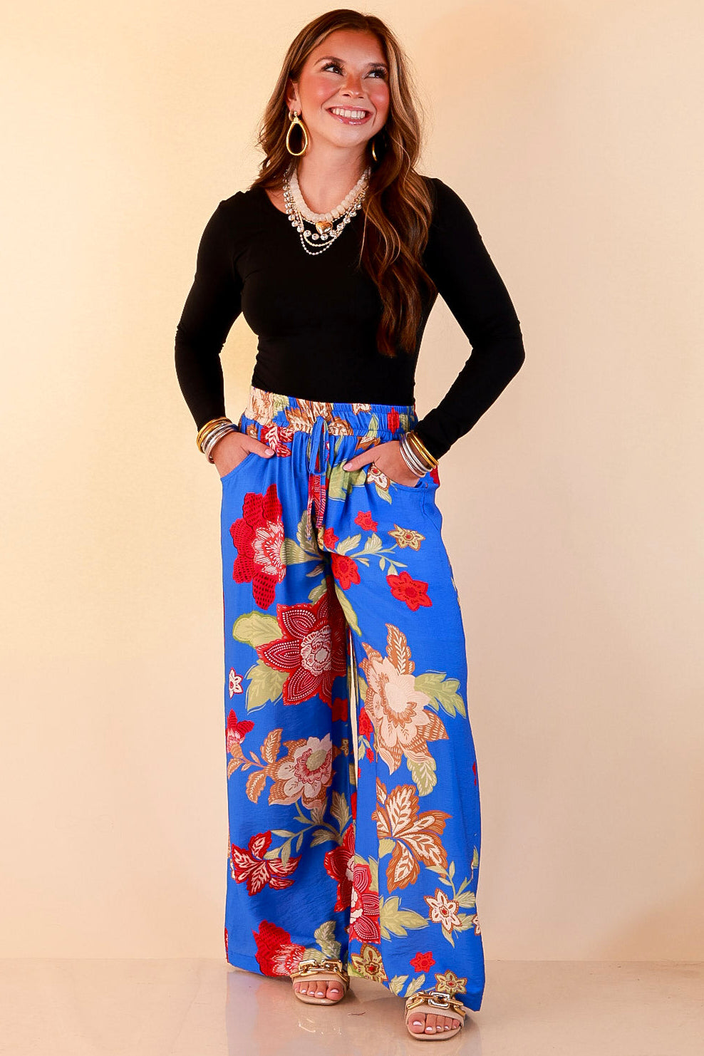 Fresh Picked Floral Print Wide Leg Pants in Blue