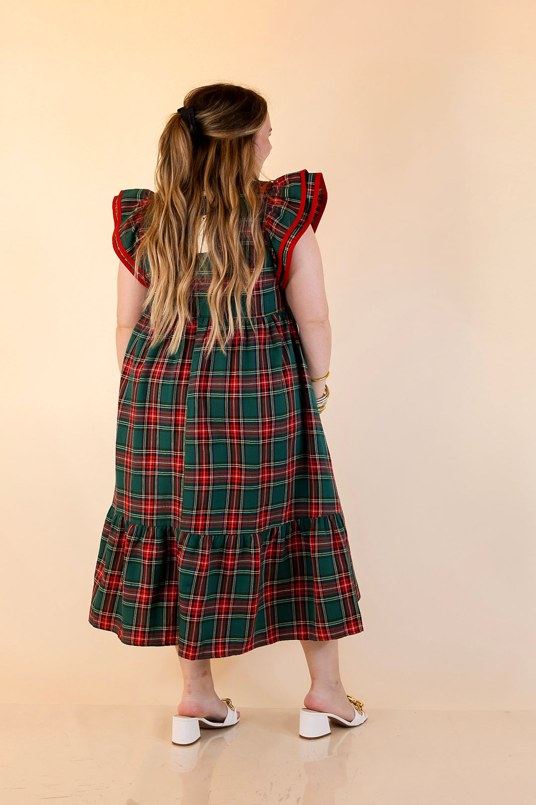 Magnolia Morning Plaid Ruffle Cap Sleeve Tiered Midi Dress in Green