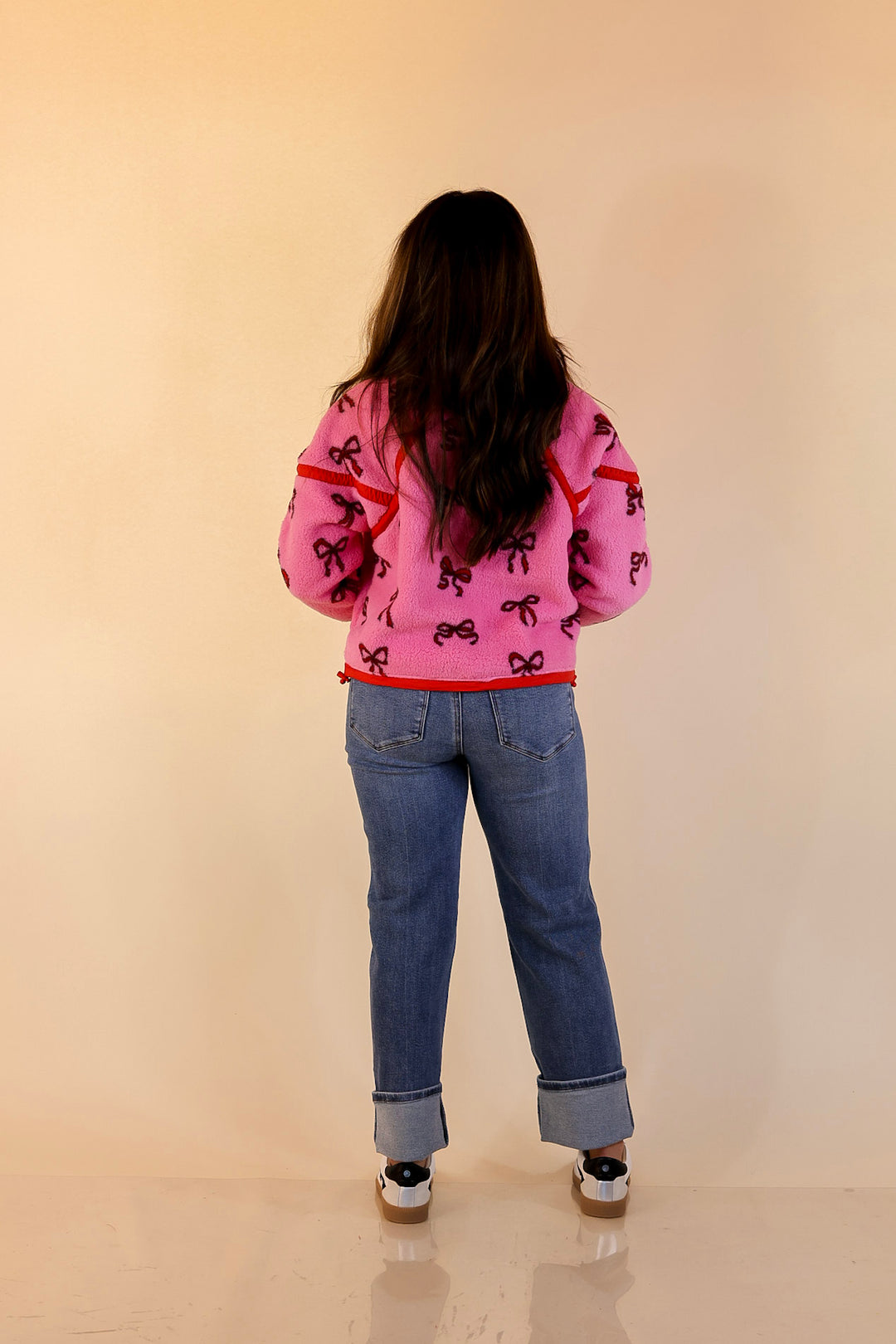 Simply Southern | Cozy Intentions Fleece Half Zip Pullover Jacket in Pink with Red Bows