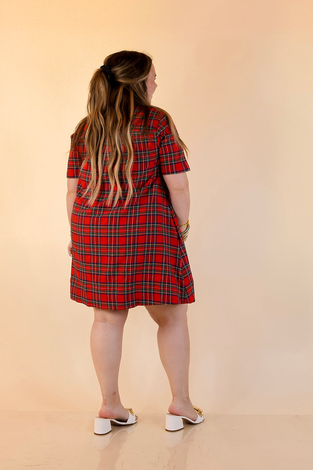 Seasonal Shift Plaid Dress with Pockets and Button Detailing in Red