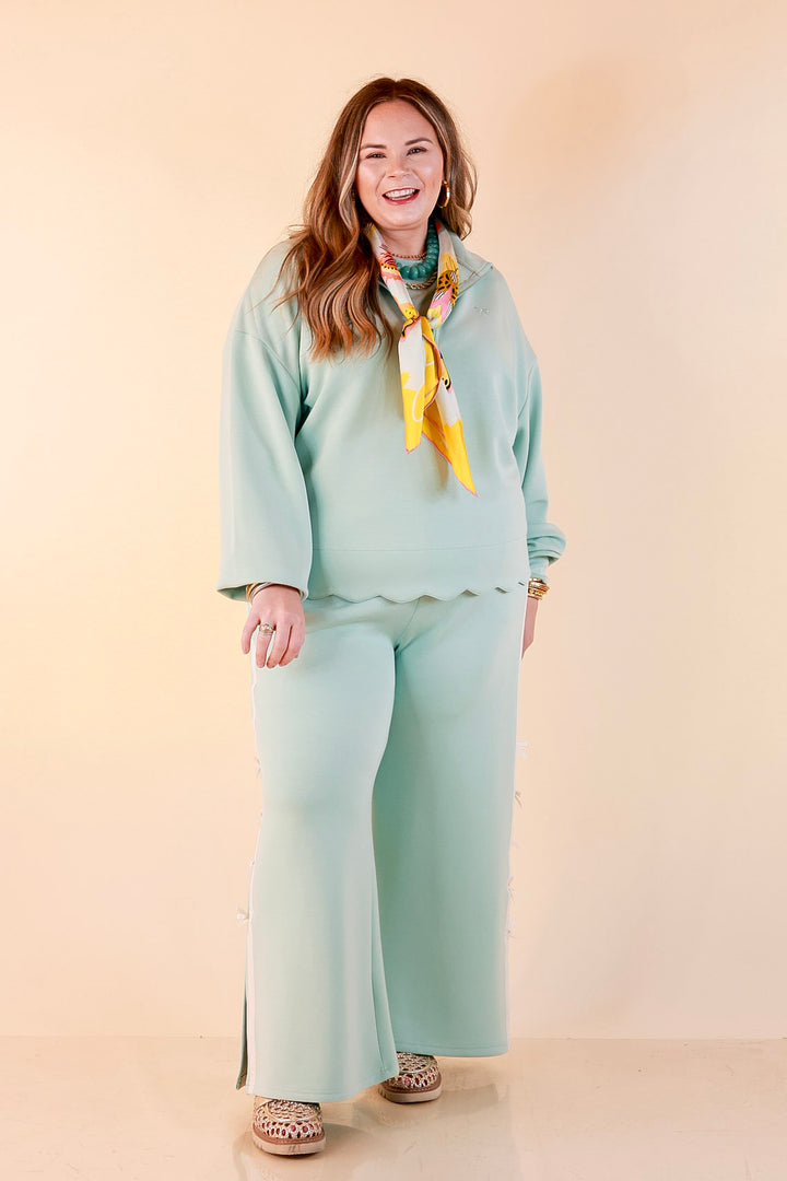 Simply Southern | Modern Staple Buttery Soft Pull-On Wide Leg Knit Pants with Side Bow Detail in Light Dusty Teal Blue