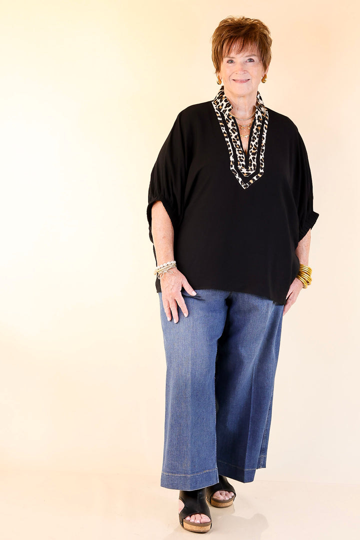 Naturally Stylish Leopard Print Trim Poncho Top in Black