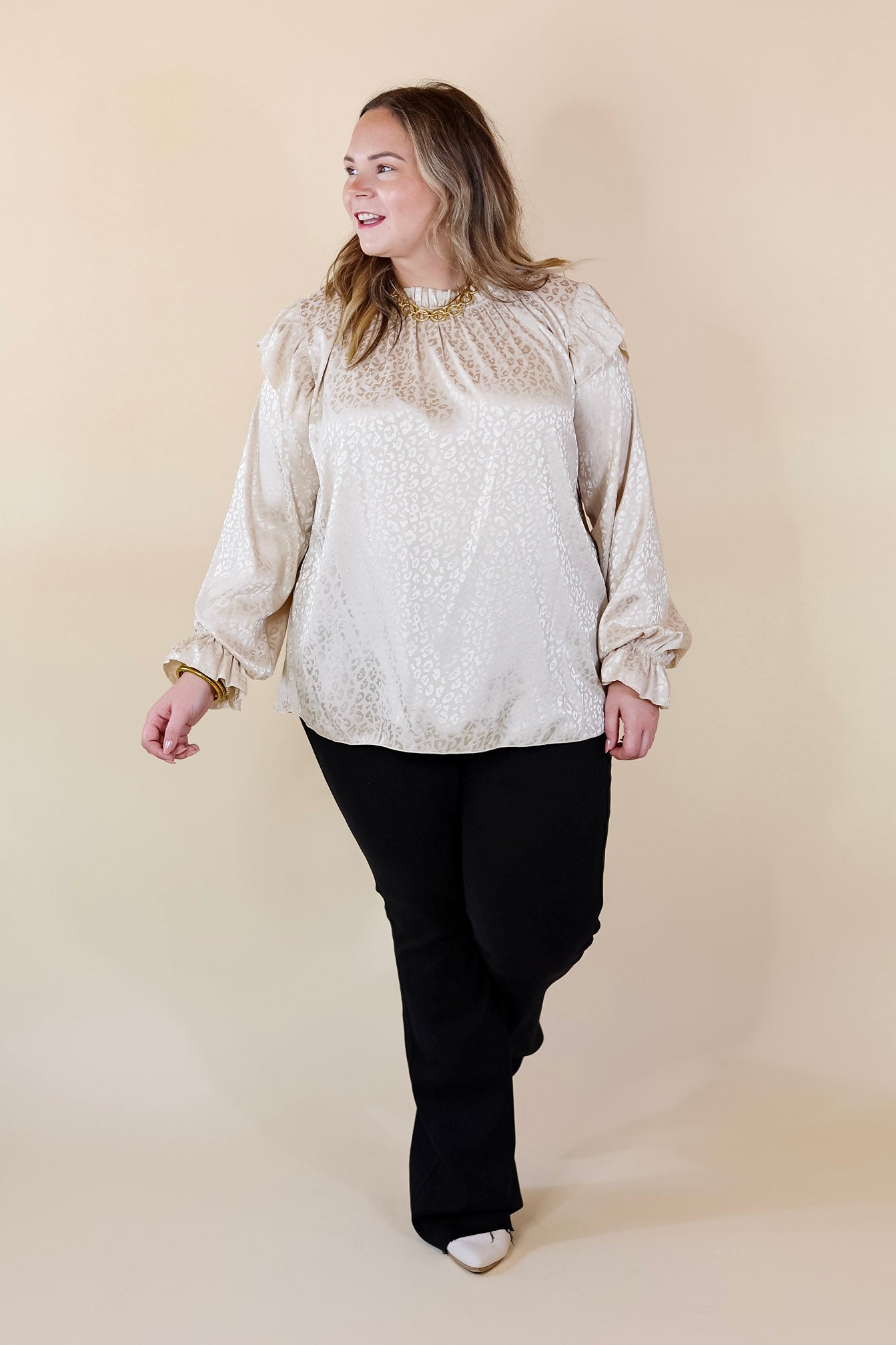 Can't Stop Me Ruffle Mock Neck Long Sleeve Leopard Print Satin Top in Ivory - Giddy Up Glamour Boutique
