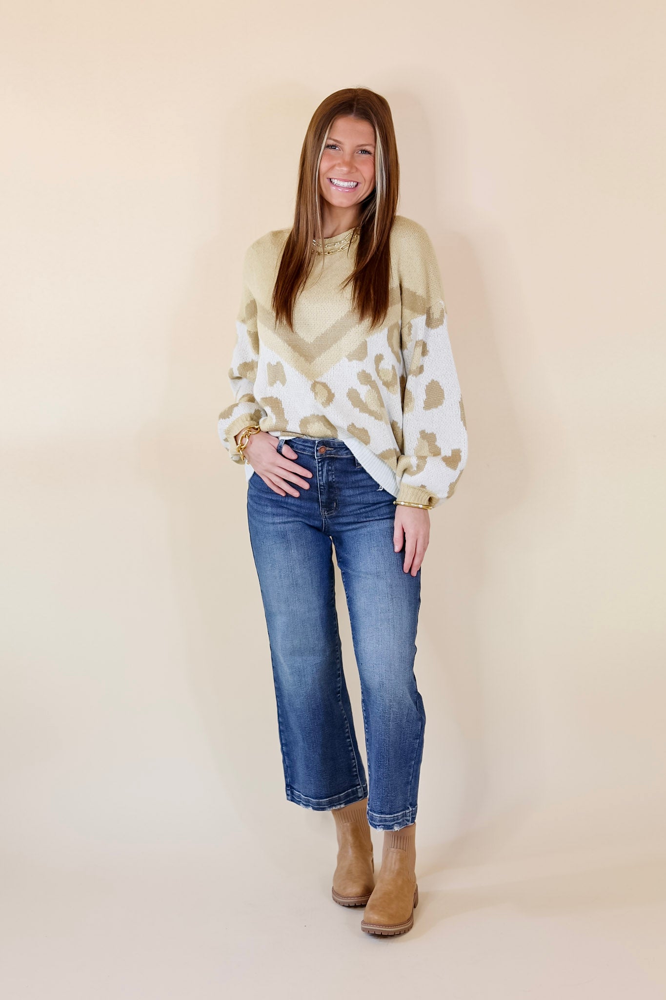 Thankful Thoughts Leopard Print and Chevron Print Block Sweater in Beige - Giddy Up Glamour Boutique