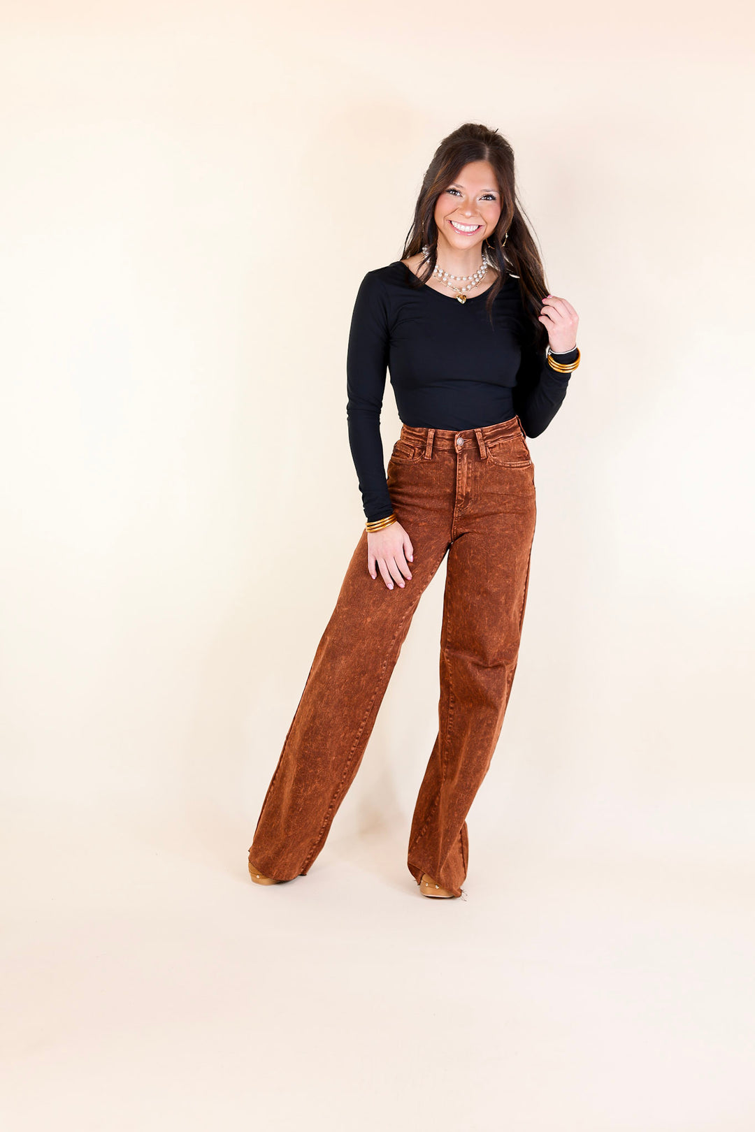 Judy Blue | Harvest Hues Garment Dyed Wide Leg Jean with Raw Hem in Pumpkin Spice Brown