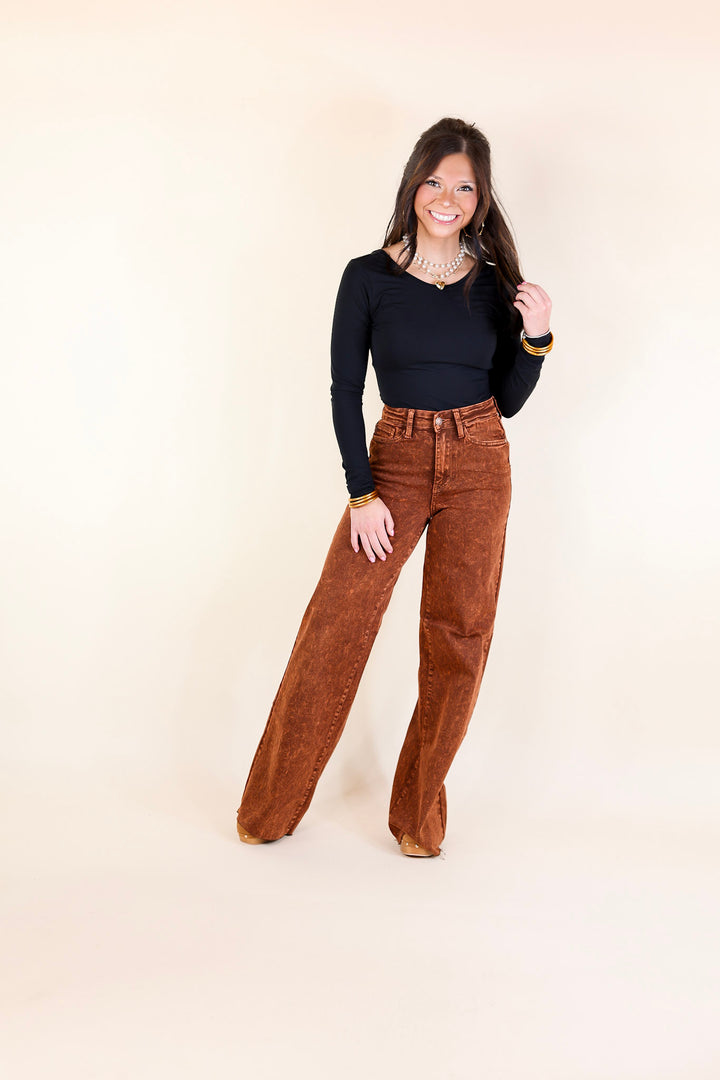 Judy Blue | Harvest Hues Garment Dyed Wide Leg Jean with Raw Hem in Pumpkin Spice Brown