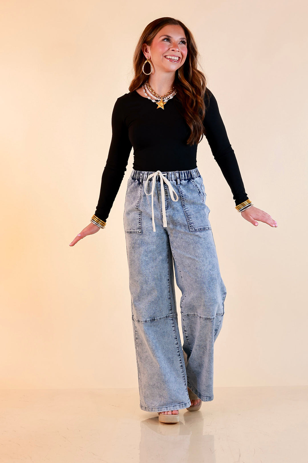 Simply Southern | Right This Way Wide Leg Drawstring Denim Utility Jeans in Acid Wash