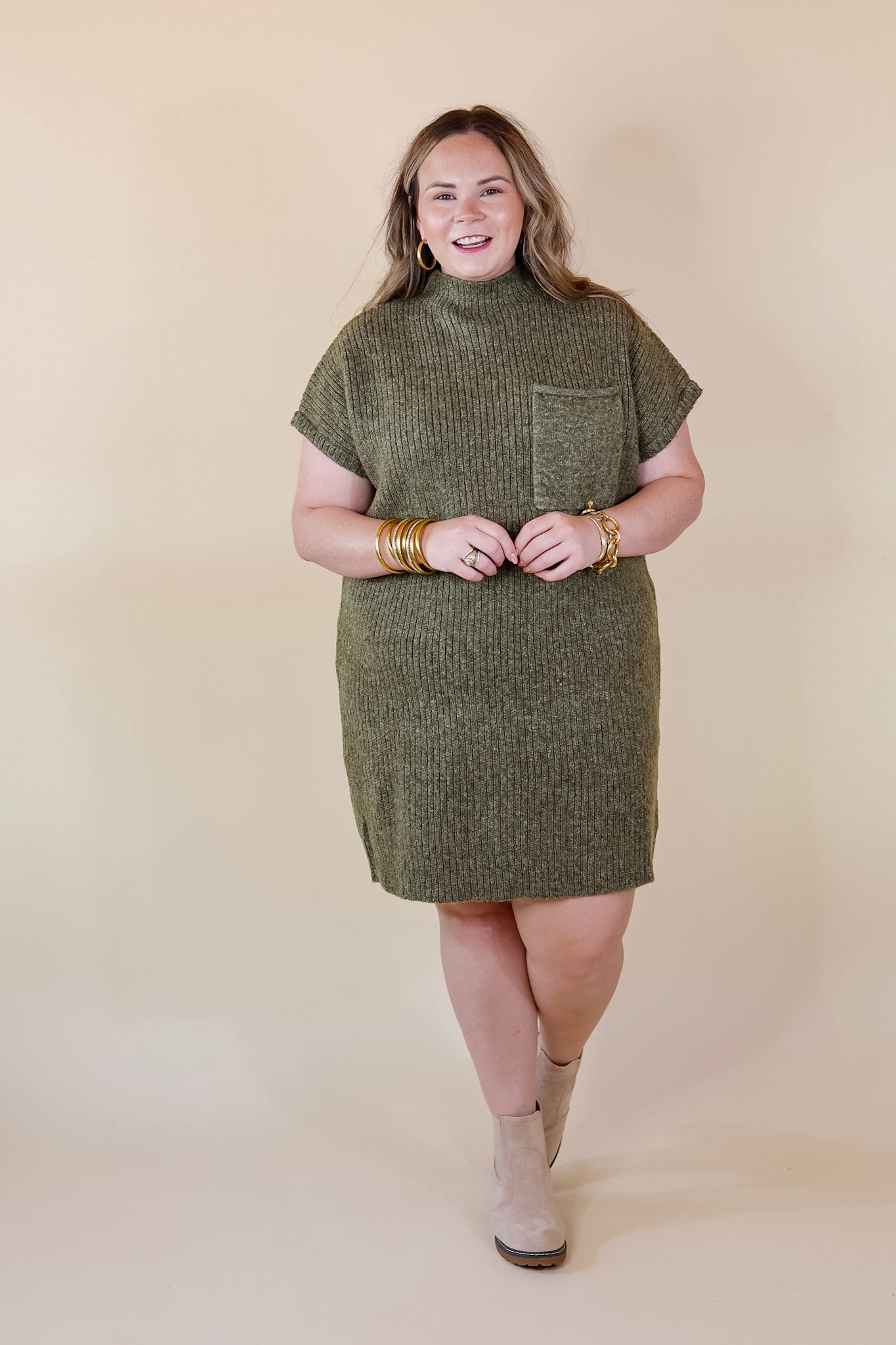 City Sights Cap Sleeve Sweater Dress in Olive Green - Giddy Up Glamour Boutique