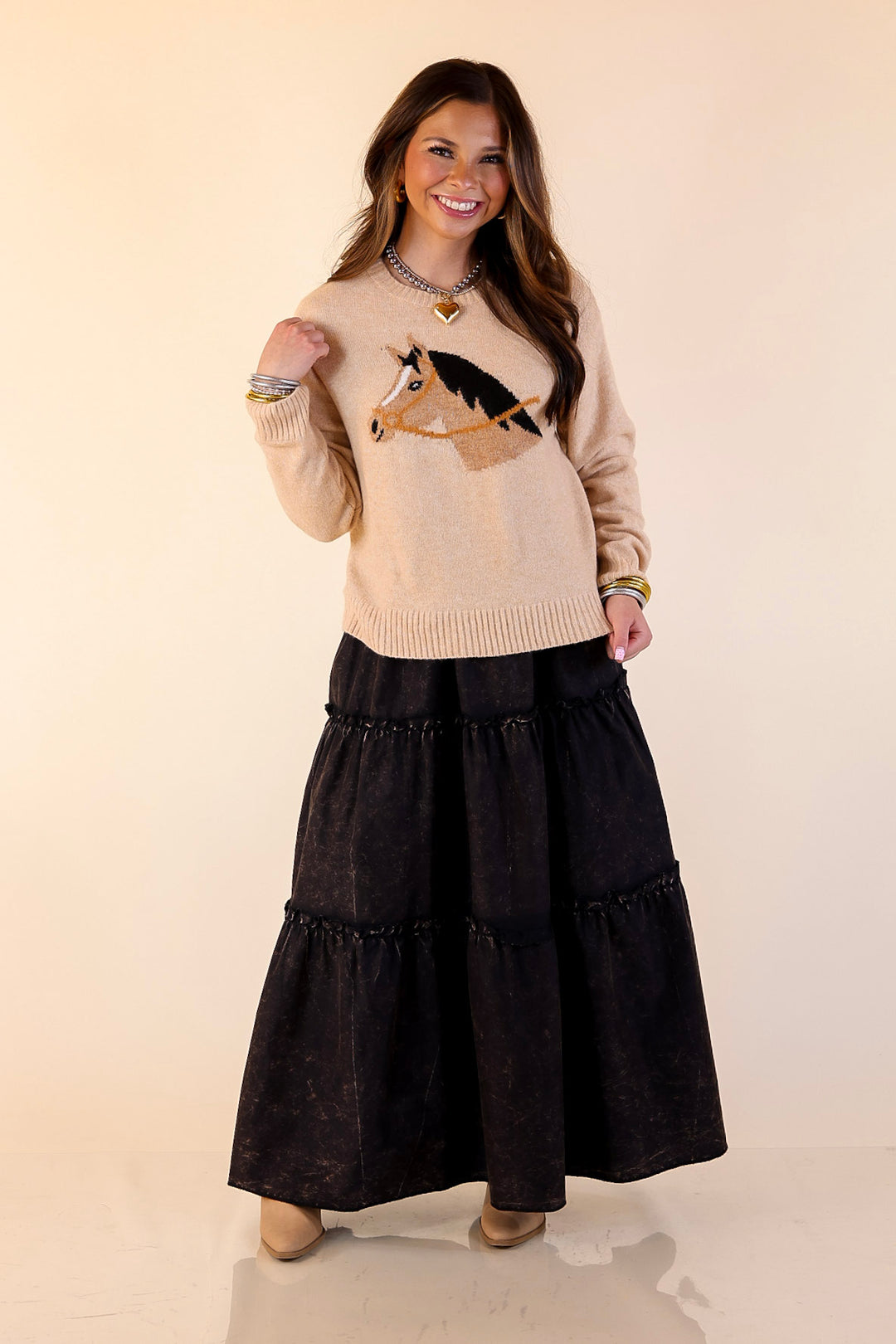 Simply Southern | Finest Touch Crewneck Sweater with Horse in Brown