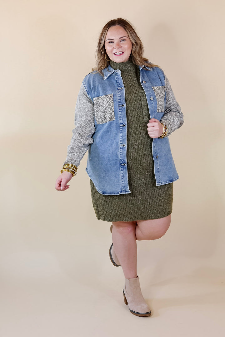 Judy Blue | Special Treat Leopard Print Block Button Up Denim Jacket in Light Wash - Giddy Up Glamour Boutique