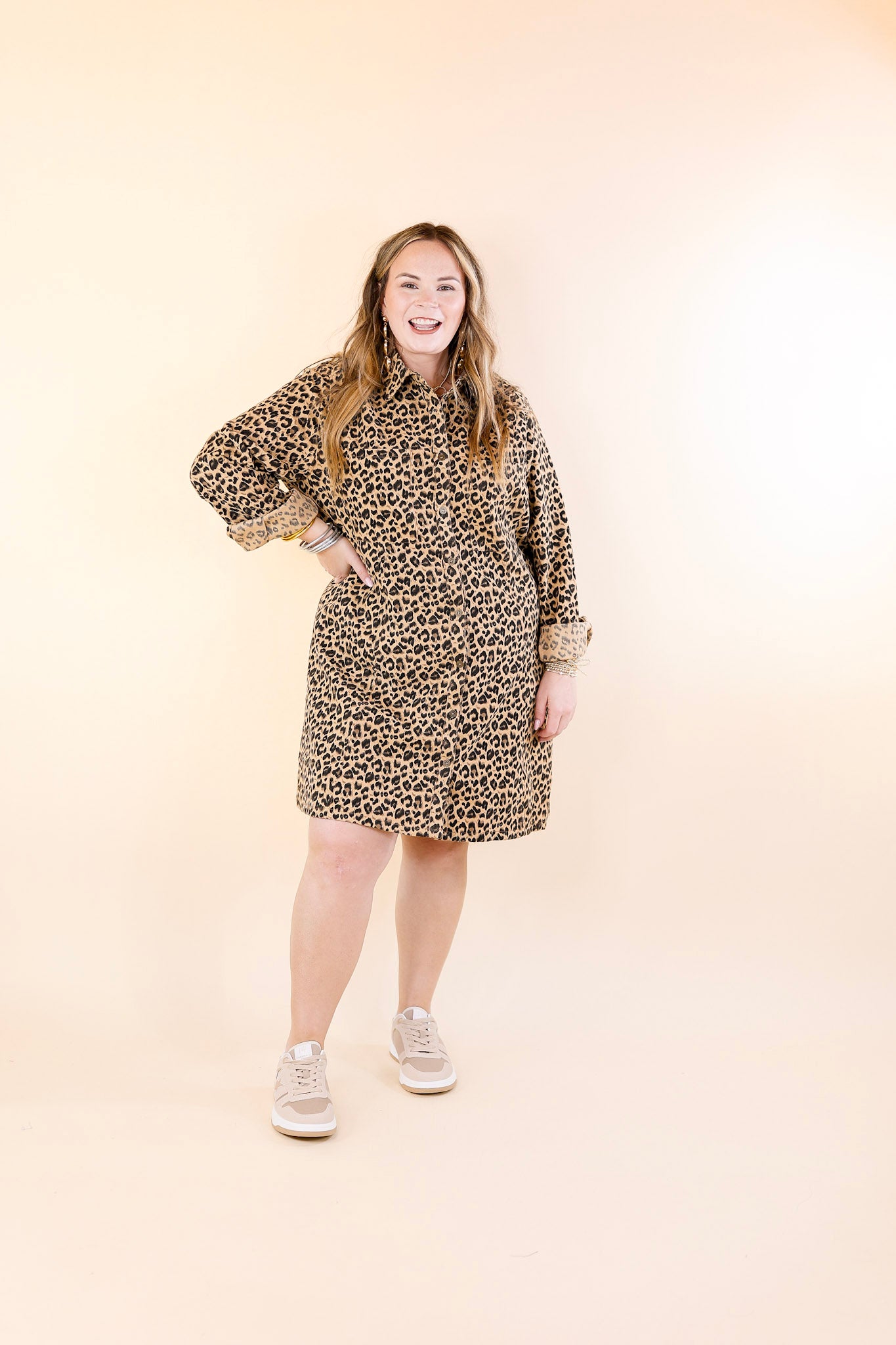 Manhattan Minute Leopard Print Button Up Dress with Long Sleeves