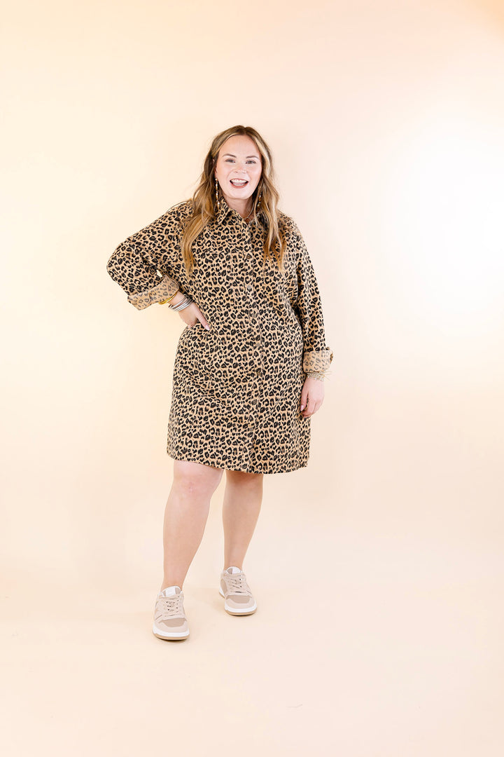 Manhattan Minute Leopard Print Button Up Dress with Long Sleeves