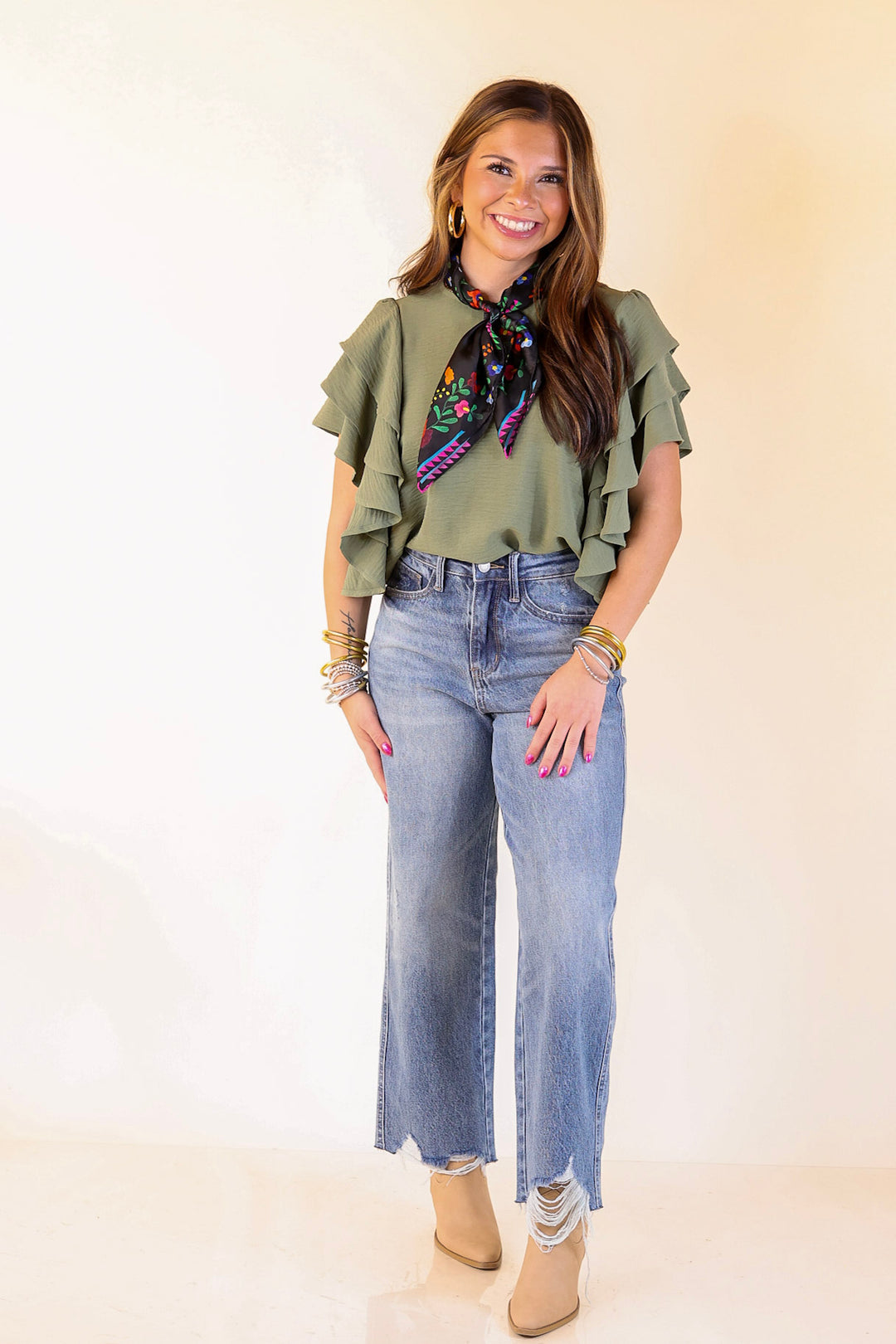 Turning Heads Multi-Tiered Ruffle Cap Sleeve Top in Olive Green