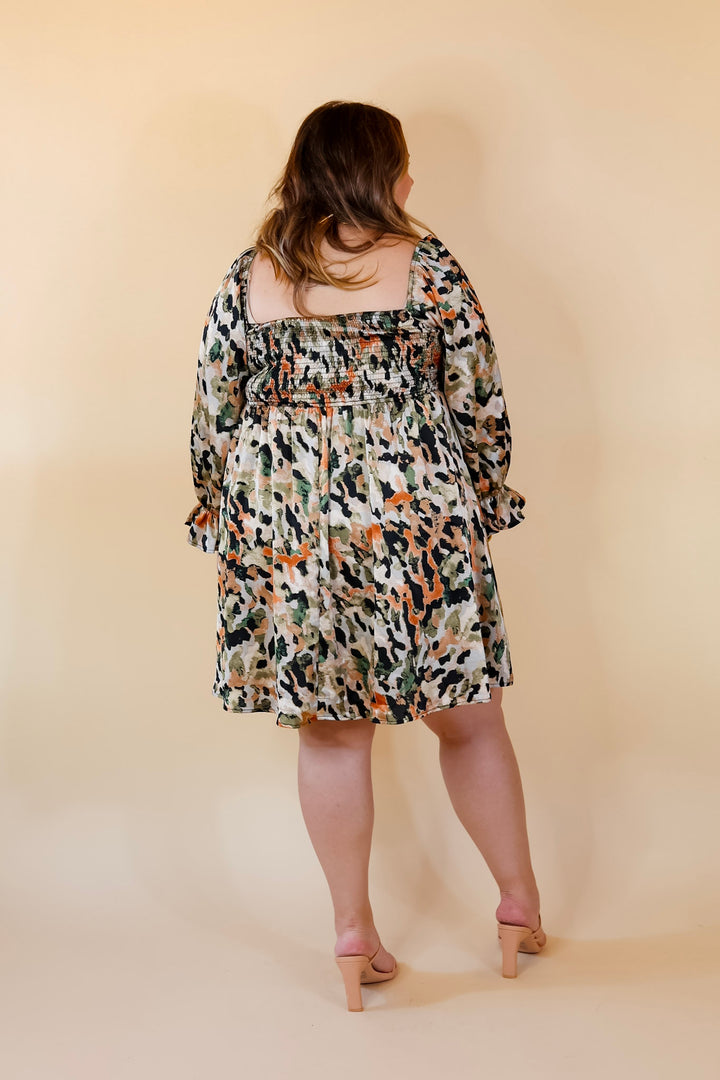Feeling Fine Satin Watercolor Print Dress with 3/4 Sleeves in Olive Mix - Giddy Up Glamour Boutique