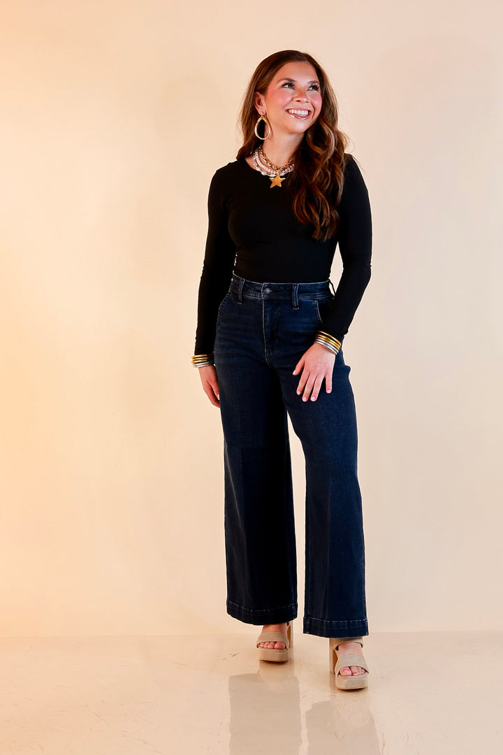 Judy Blue | Chic in Motion Ankle Length Cropped Wide Leg Trouser Denim Jeans in Dark Wash