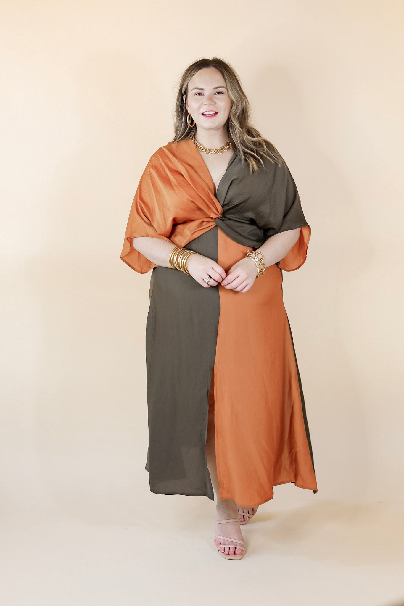 Take My Breath Away Front Knot Color Block Midi Dress in Bronze Mix