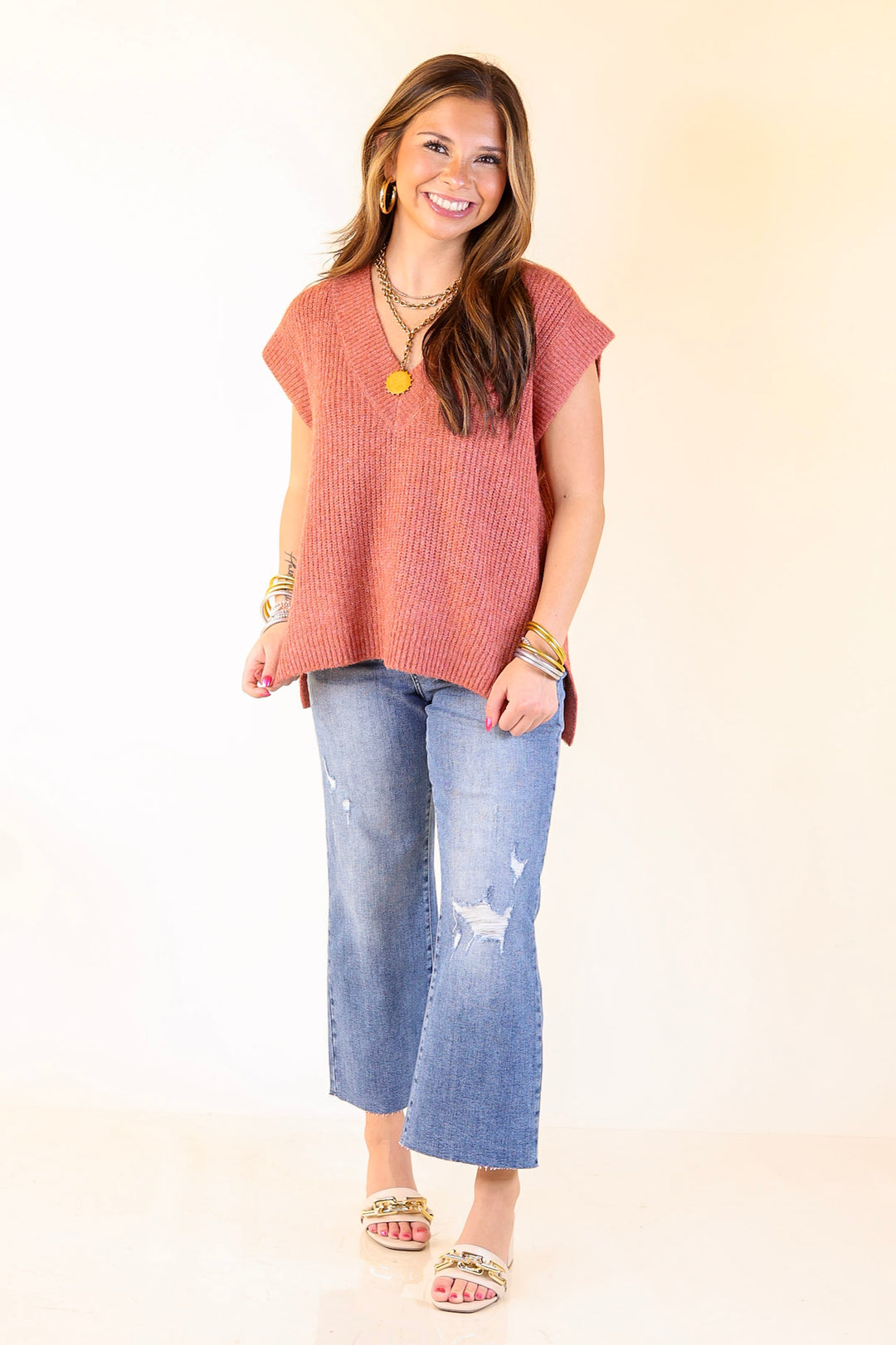 Fall For You Textured V-Neck Oversized Knit Sweater Vest Top in Rust Orange