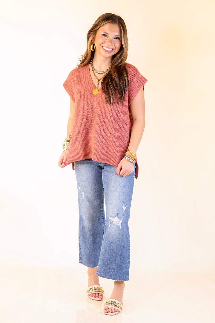 Fall For You Textured V-Neck Oversized Knit Sweater Vest Top in Rust Orange