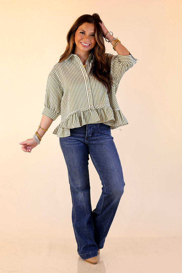 Style Agenda Striped Button Down Collared Top with Ruffle Peplum in Olive Green