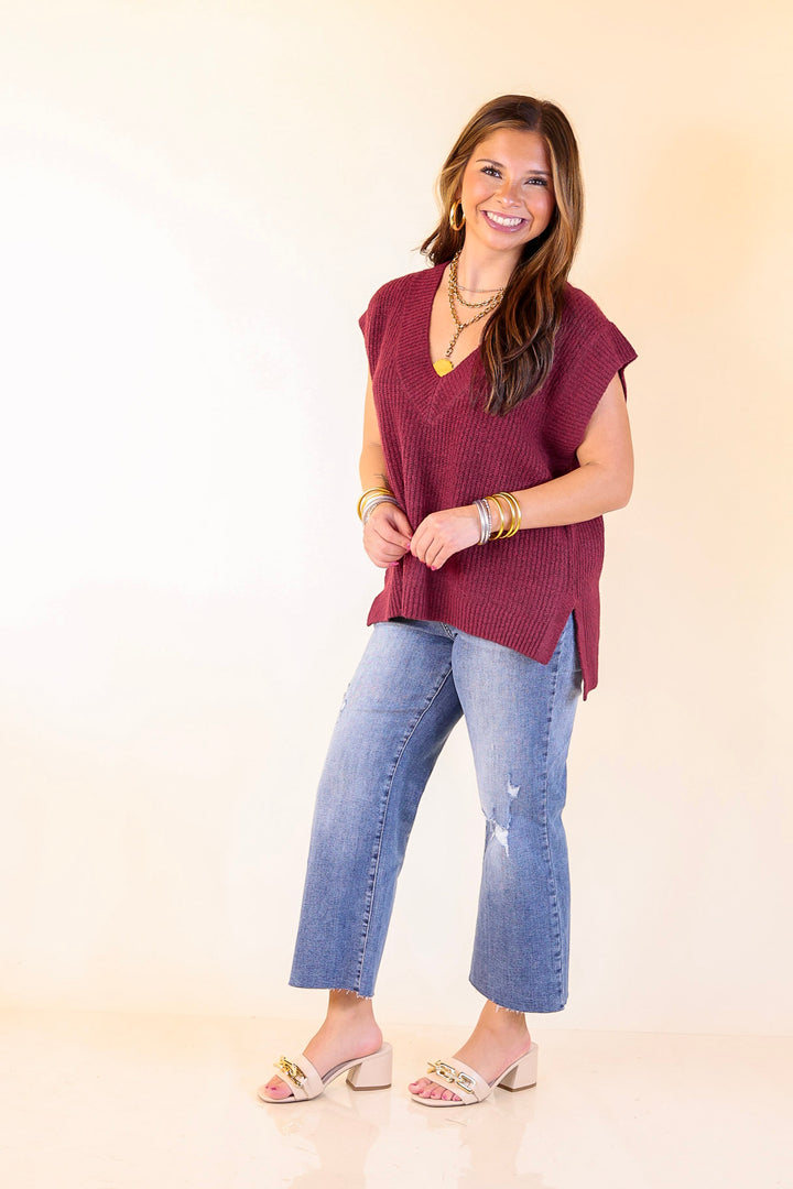 Fall For You Textured V-Neck Oversized Knit Sweater Vest Top in Maroon