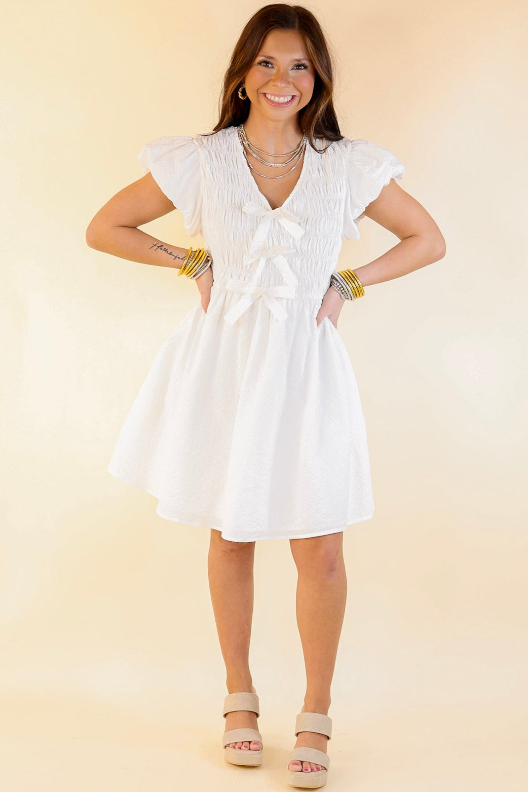 Last Chance Size Small | Darling Charm Cap Sleeve Dress with Bows in Off White