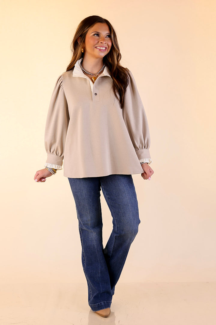Refined Edge Puff 3/4 Sleeve Top with Collar Detailing in Sand