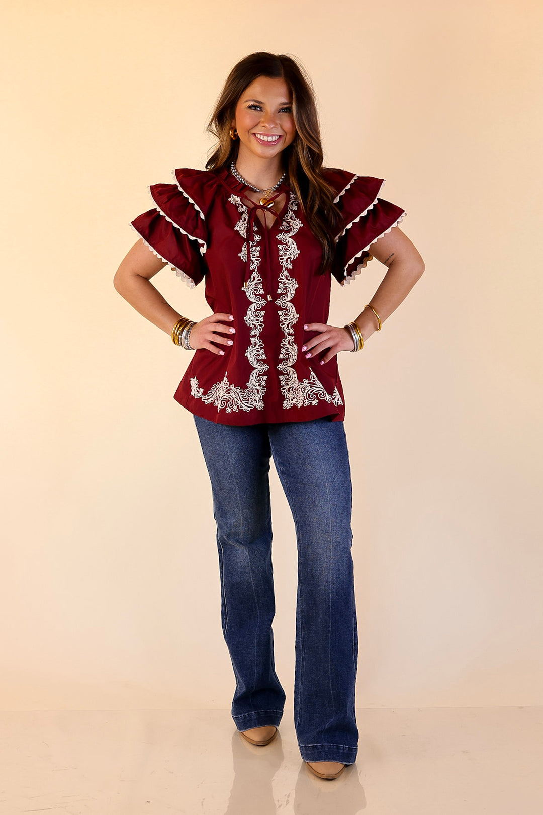 Graceful Details Embroidered Short Sleeve Top with Layered Flutter Sleeves in Maroon