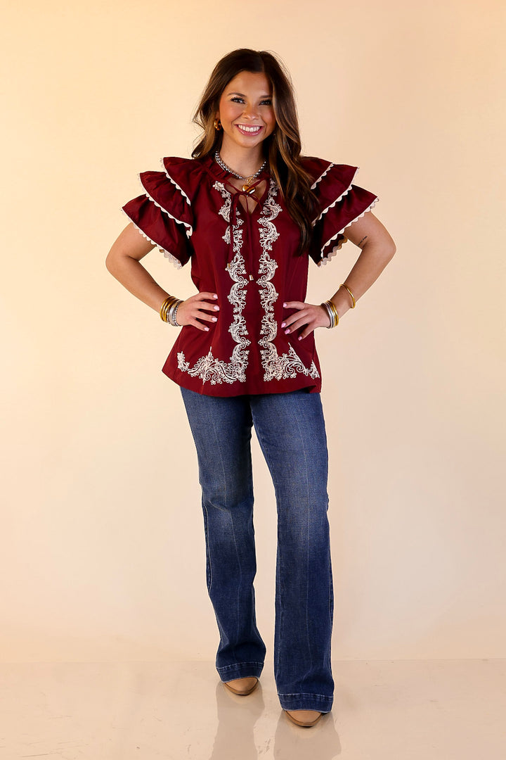 Graceful Details Embroidered Short Sleeve Top with Layered Flutter Sleeves in Maroon