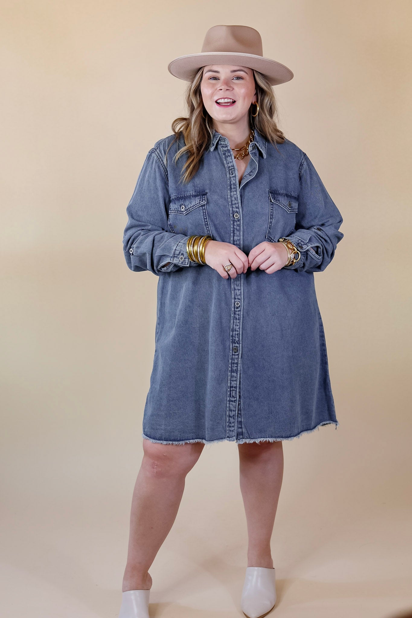 Patio Date Button Up Long Sleeve Denim Dress in Medium Wash