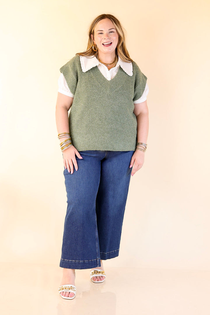 Fall For You Textured V-Neck Oversized Knit Sweater Vest Top in Olive Green