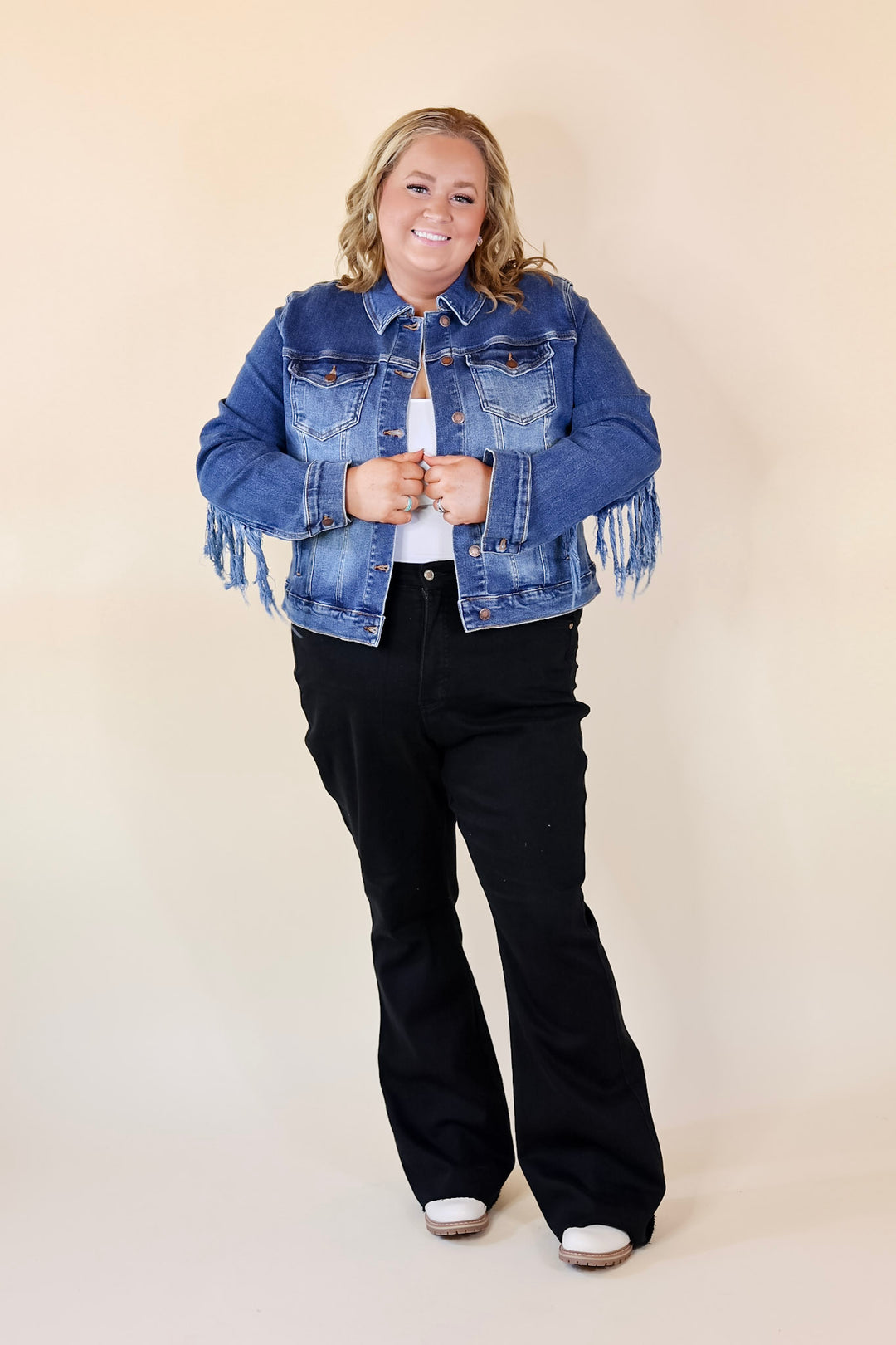 Judy Blue | At The Top Frayed Denim Fringe Jacket in Medium Wash - Giddy Up Glamour Boutique