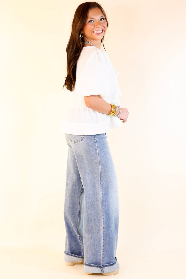 Simply Stunning Short Puff Sleeve Top with Bow Tie Detailing in Off White