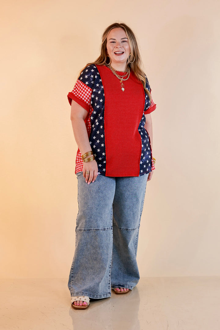 Make Your Mark Ribbed Scoop Neck Mixed Print Short Sleeve Top with Star and Gingham Detailing in Red